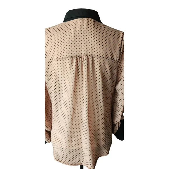 Mine Black & Tan Polka Dot Long Sleeve Sheer Button Down Blouse Top Women's M - Picture 7 of 12